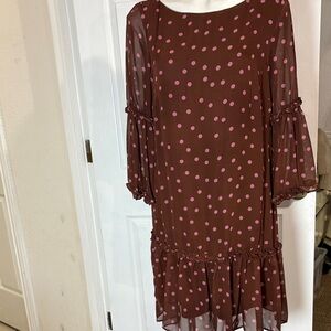 Maison Tara Brown Dress with Pink Polka Dots